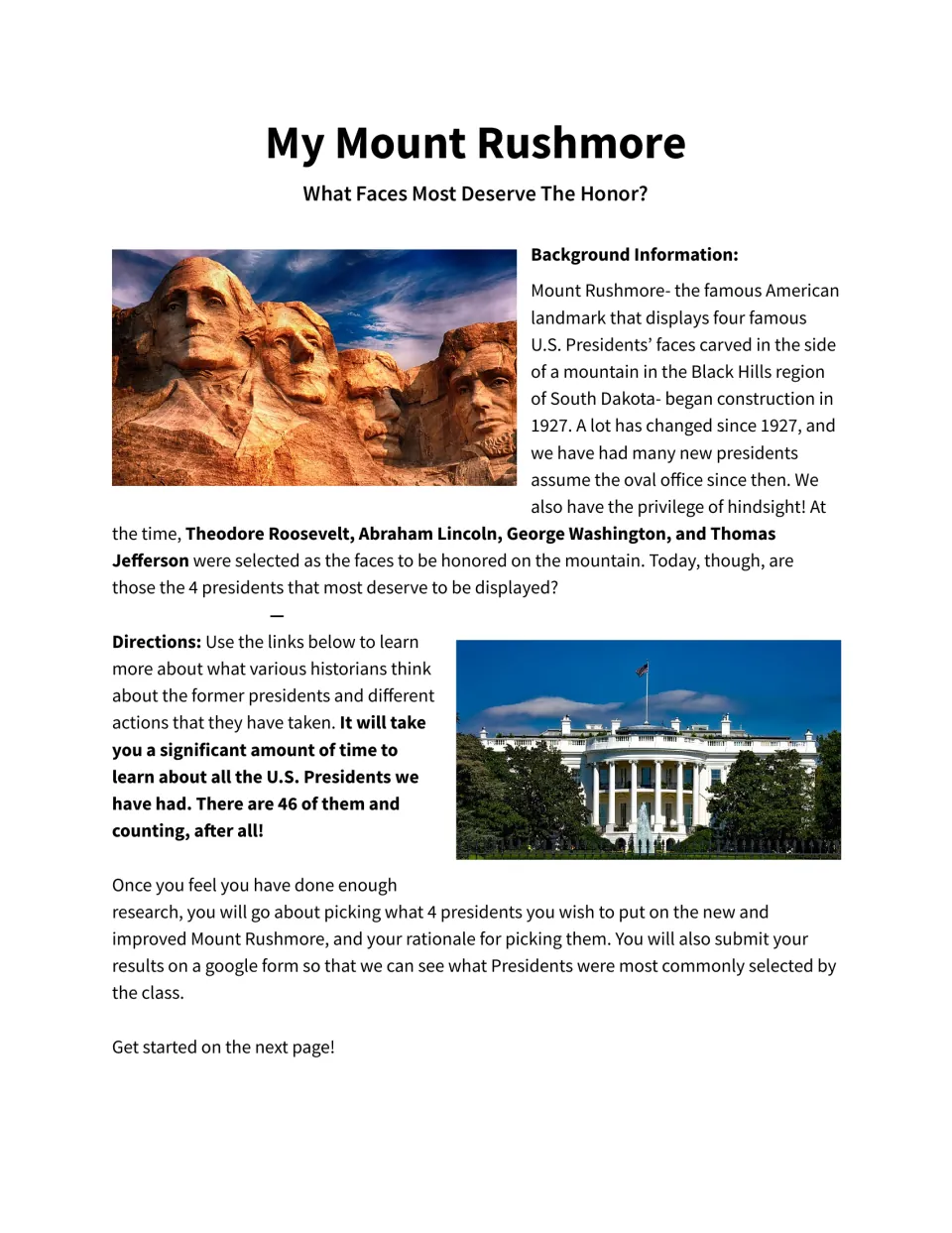 My Mount Rushmore project introduction explains the landmark and asks students to research and choose four presidents.