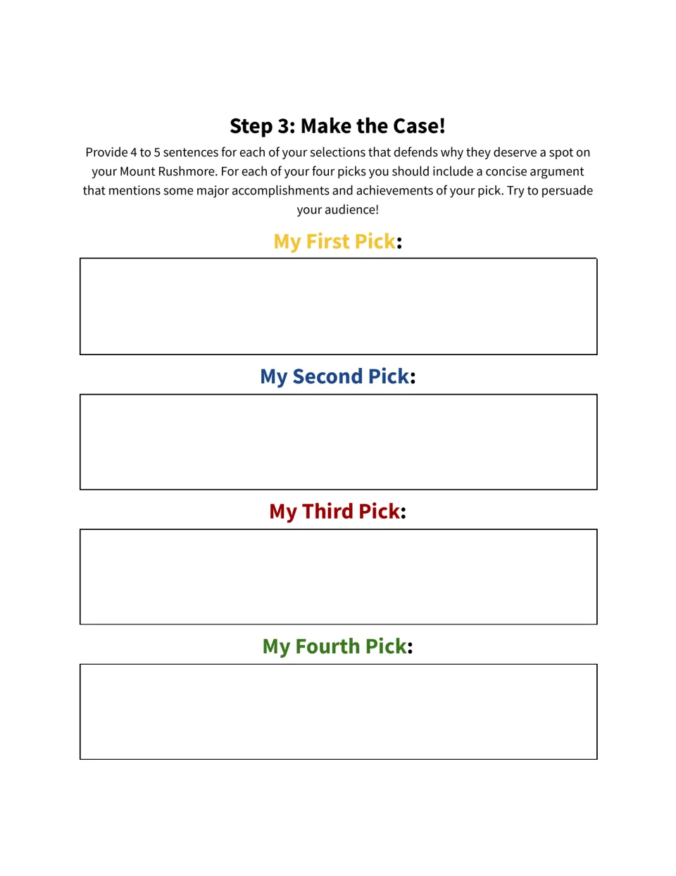 Argument-writing step asks for four to five sentences defending each president using major accomplishments.