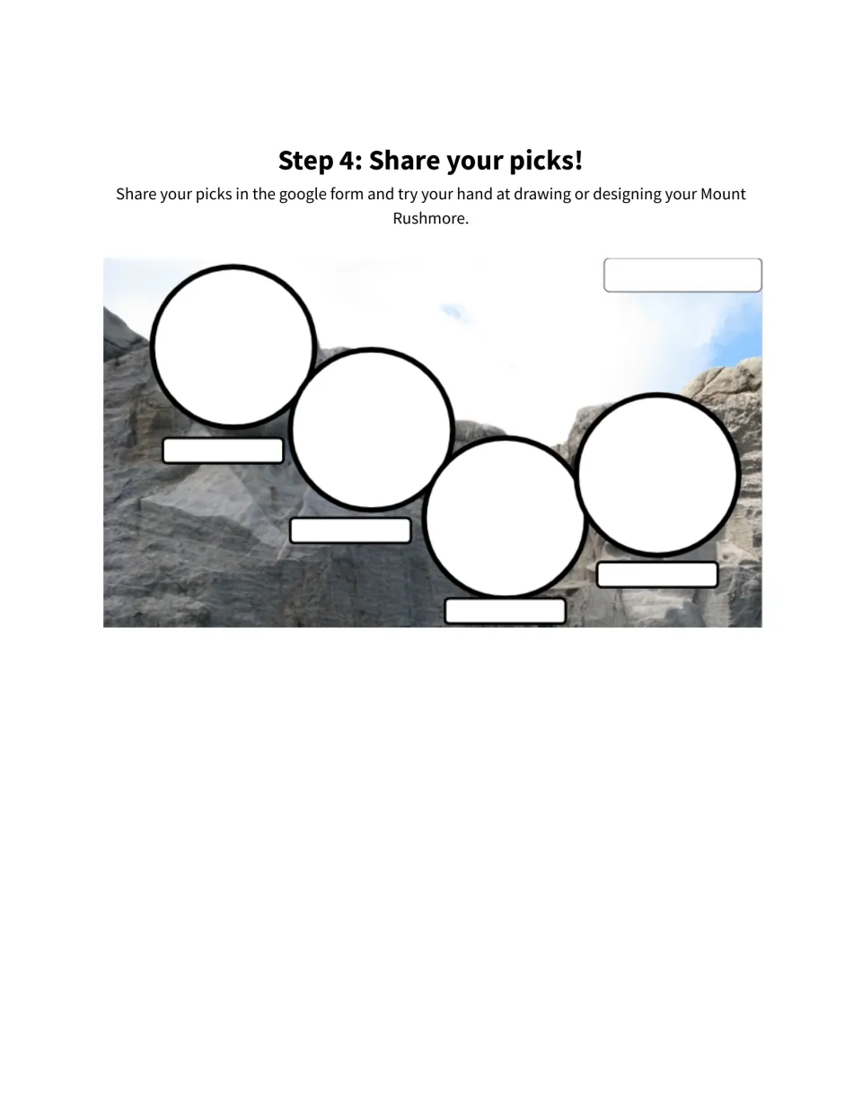 Sharing step asks students to submit picks in a Google Form and draw four presidents on a monument template.