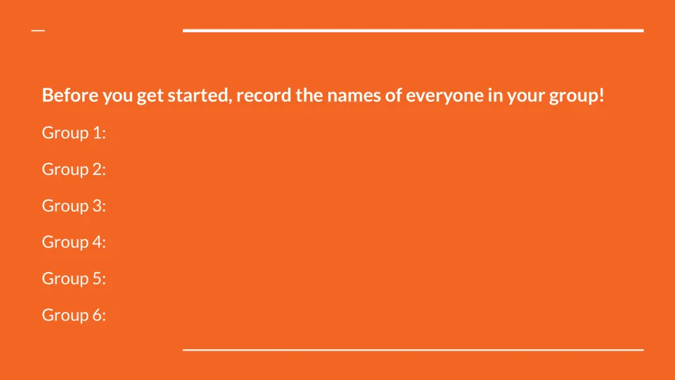 Group roster slide asks students to record everyone's names before starting, with entries for Groups 1–6.