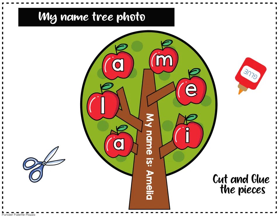 Completed name tree craft example for Amelia, with six letter apples and the instruction 'Cut and Glue the pieces'.