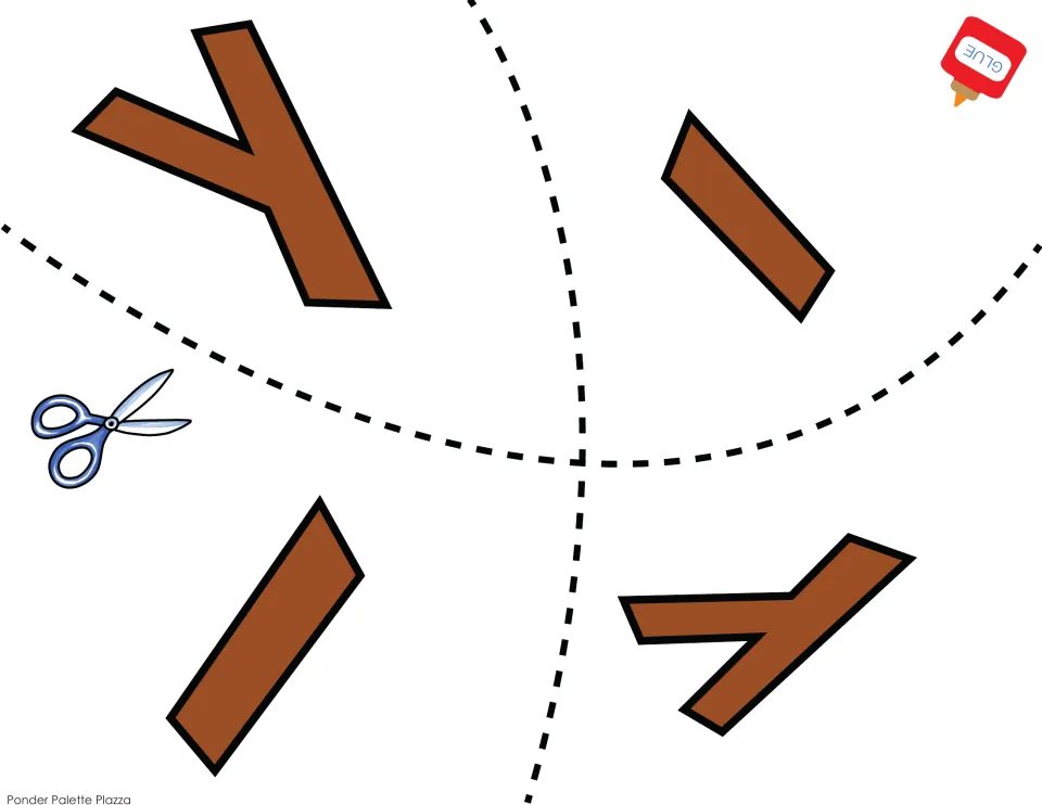 Four brown branch cutouts, two forked and two single pieces, for assembling the personalized name tree craft.