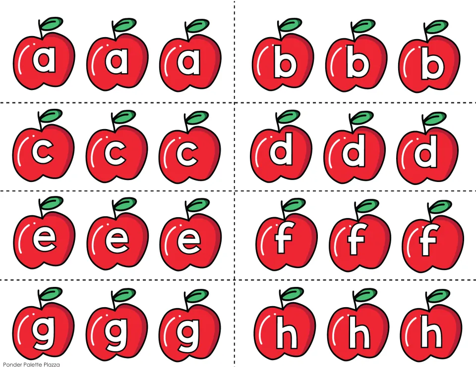 Name tree apple letter cutouts a–h, with three copies of each lowercase letter for 24 apples on this sheet.