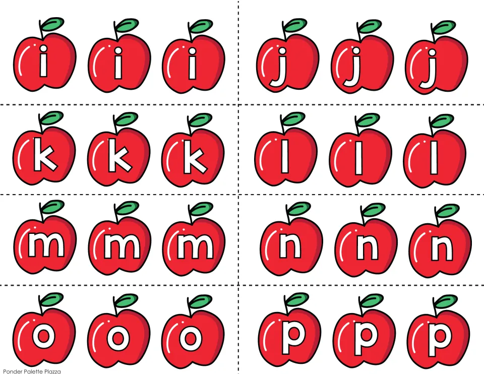 Name tree apple letter cutouts i–p, with three copies of each lowercase letter for 24 apples on this sheet.