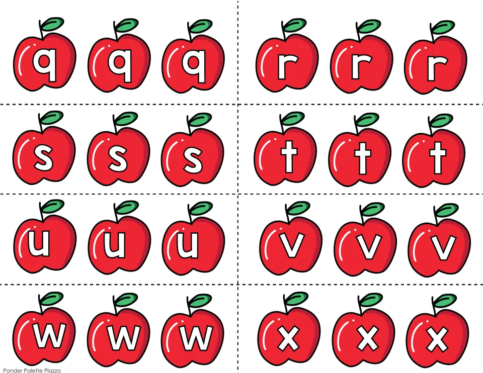Name tree apple letter cutouts q–x, with three copies of each lowercase letter for 24 apples on this sheet.