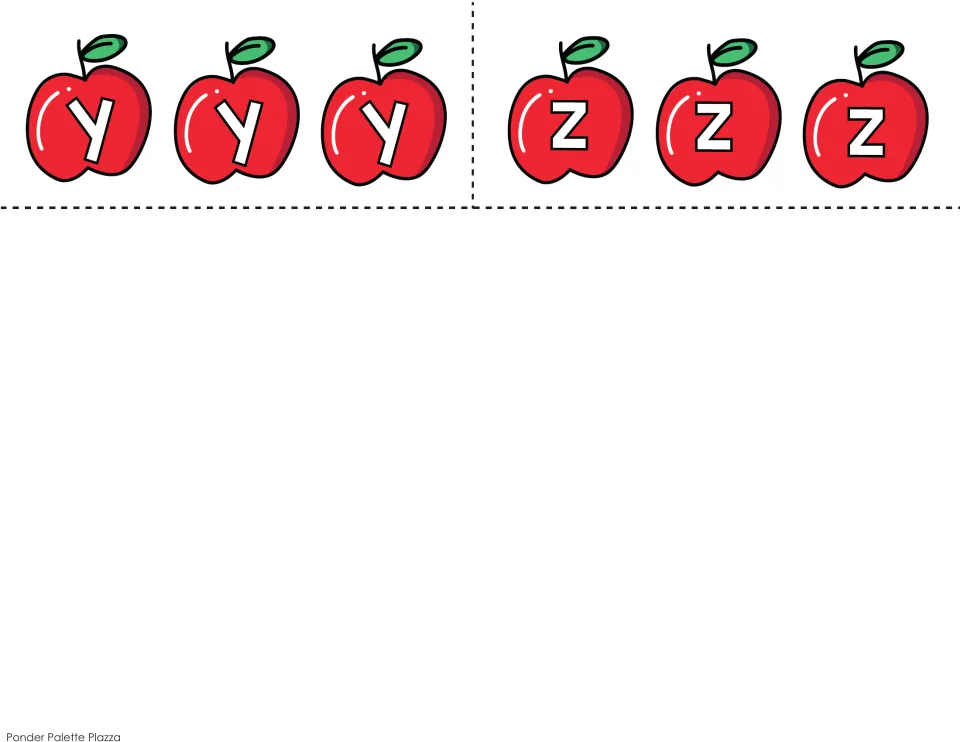 Name tree apple letter cutouts y and z, with three copies of each lowercase letter for six apples total.