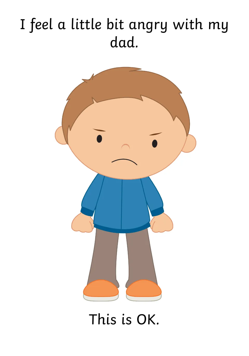 Naming anger: a frowning boy with clenched fists says he feels a little cross with his dad, followed by "This is OK"