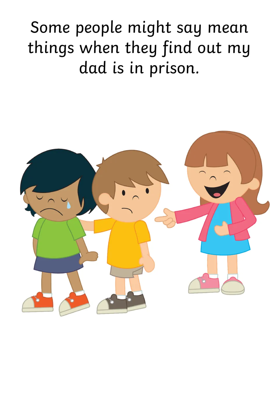 Handling mean comments: a laughing girl points at a crying child while a friend offers comfort