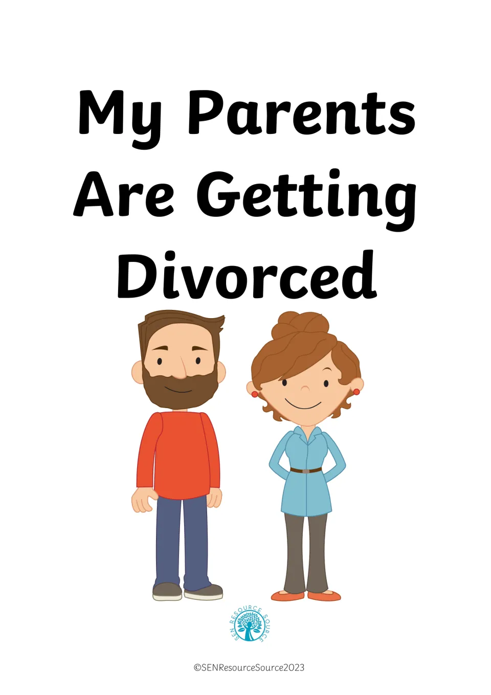 My Parents Are Getting Divorced social story cover showing an illustrated bearded dad and smiling mum side by side