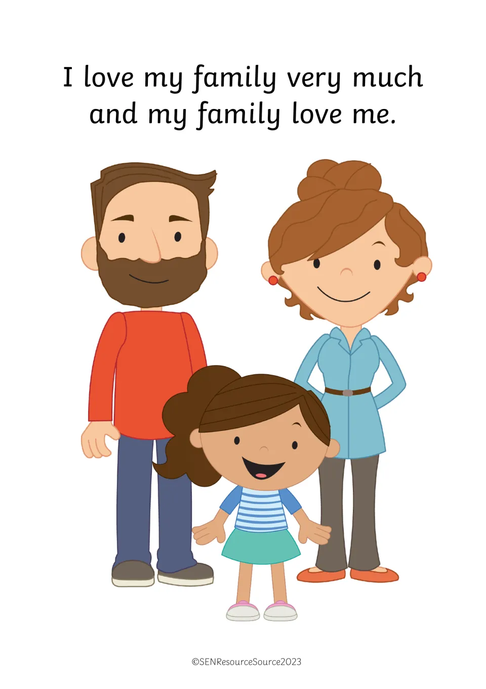 Story opener: "I love my family very much and my family love me" beside a smiling girl standing with mum and dad