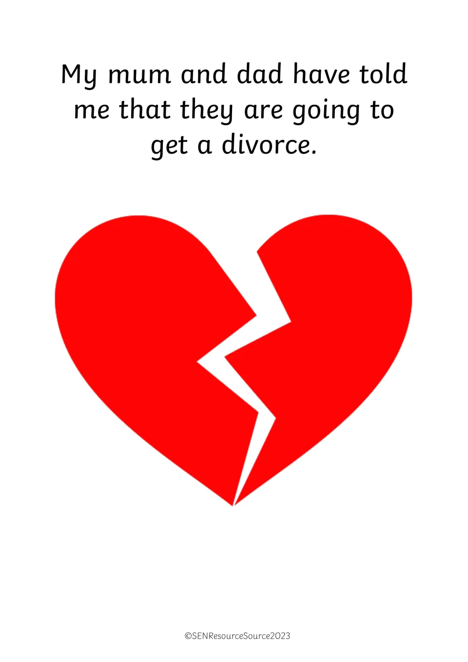 Story page: "My mum and dad have told me that they are going to get a divorce" with a large red broken heart