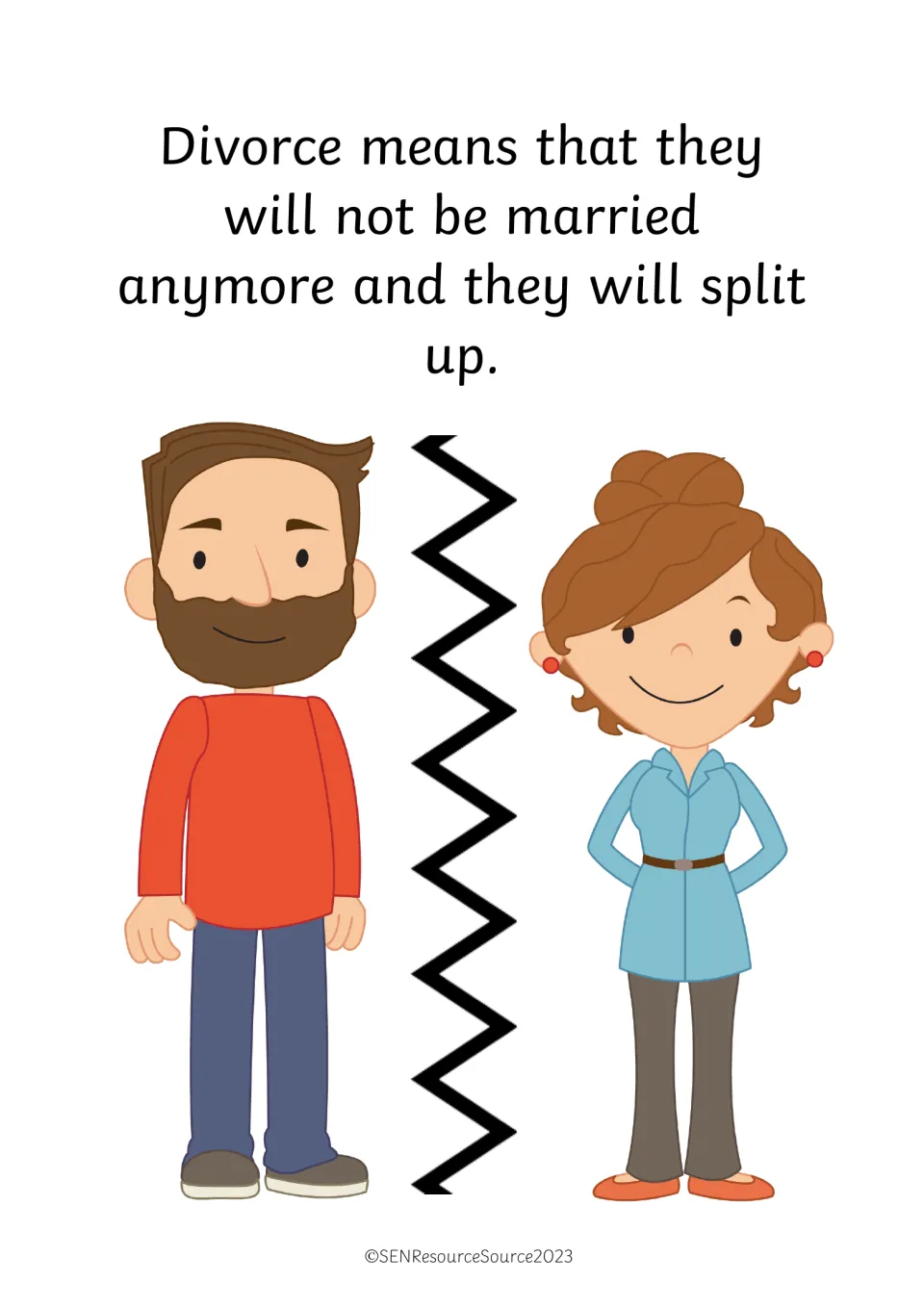 Divorce explained: parents will not be married anymore and will split up, shown by a zigzag line between mum and dad