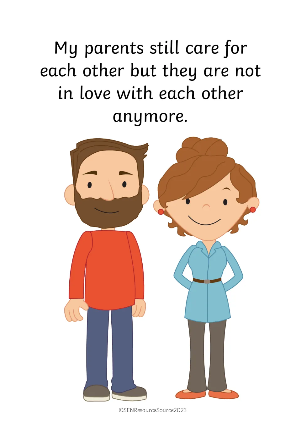 Story page: parents still care for each other but are no longer in love, with mum and dad standing side by side