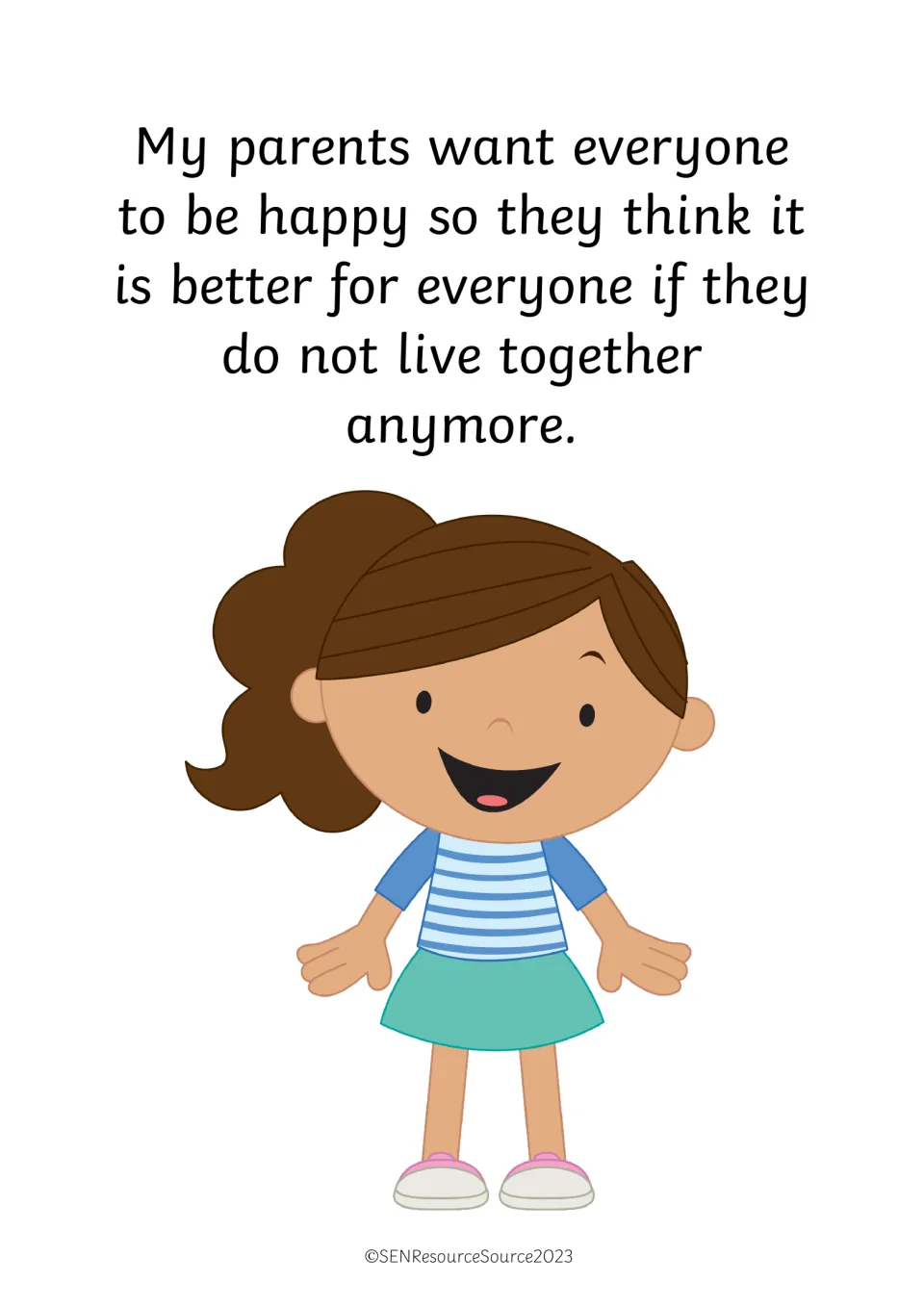 Story page: parents want everyone to be happy, so living apart is better for everyone; a smiling girl stands alone
