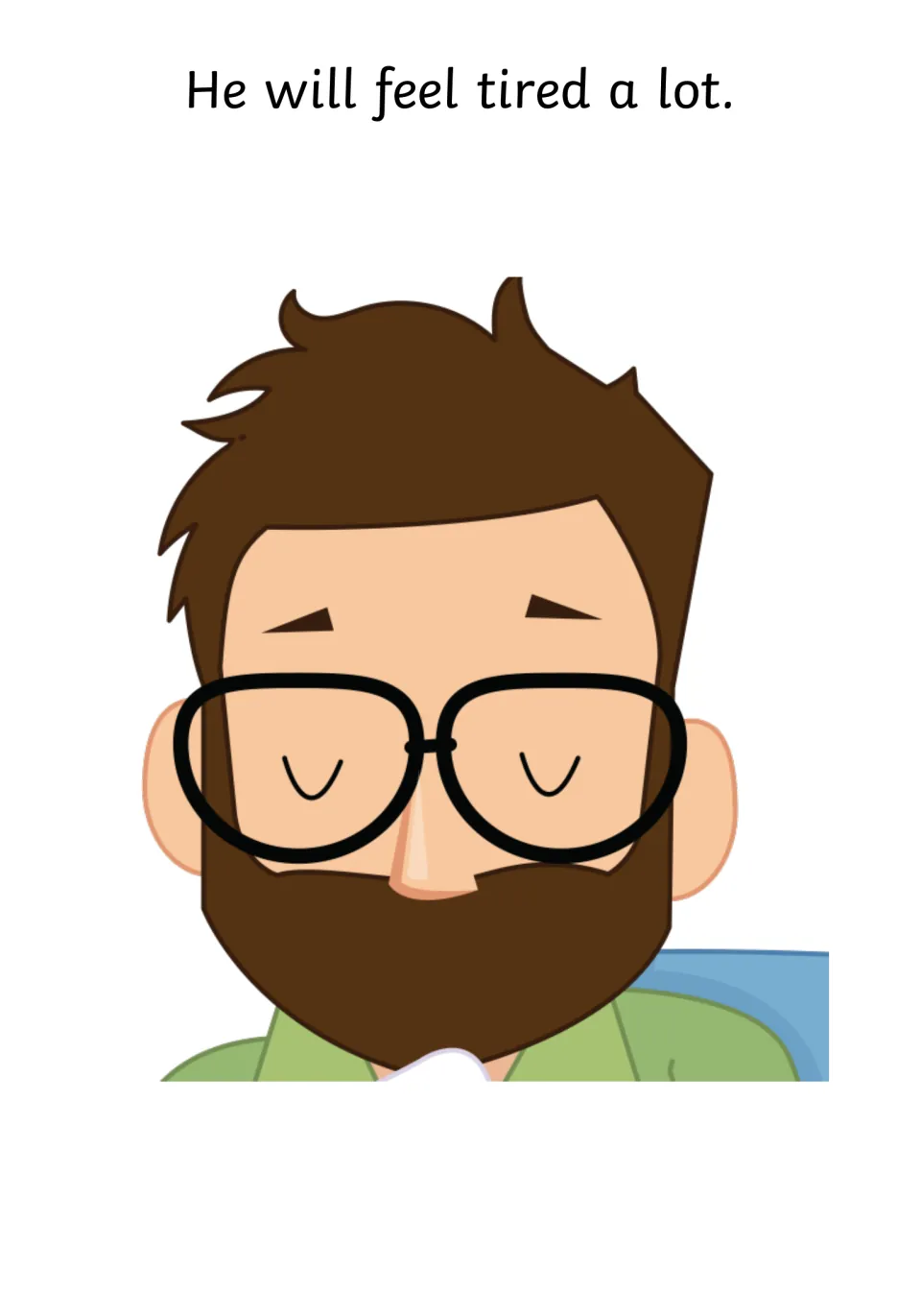 Tiredness page: He will feel tired a lot, shown by a bearded man in glasses with his eyes closed as if resting