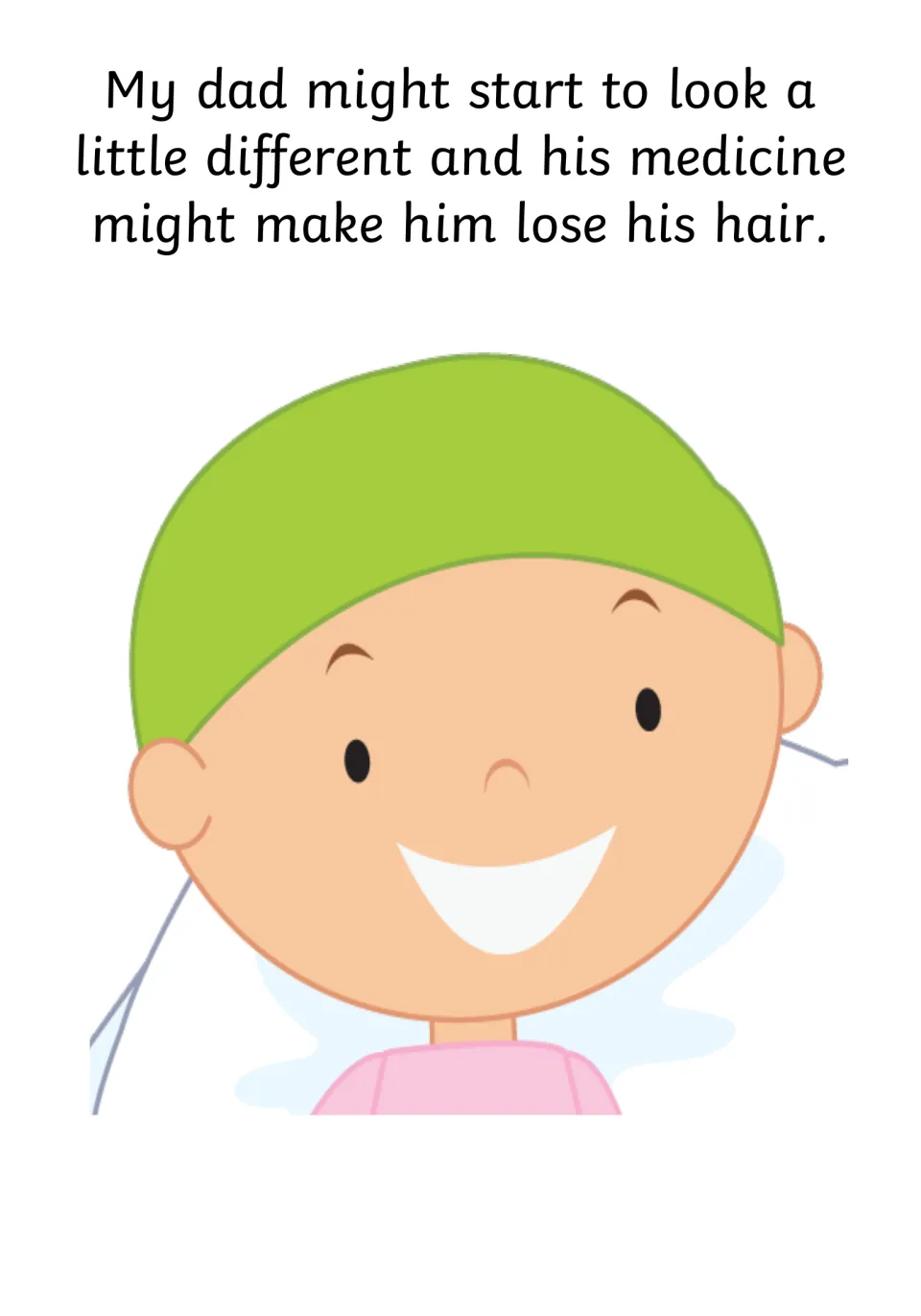 Hair loss page: dad might look a little different and his medicine might make him lose his hair; smiling face in a cap