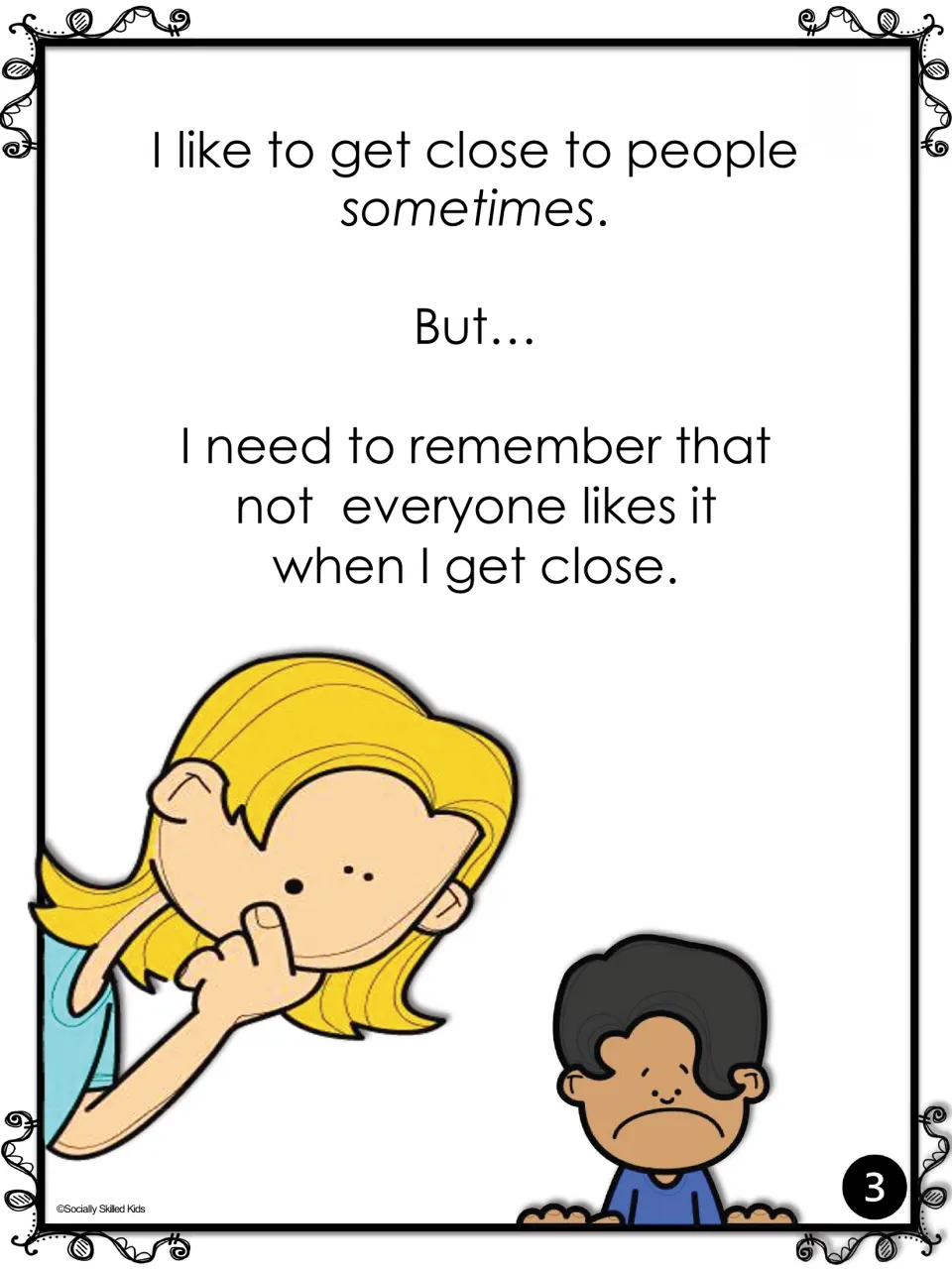 Story page: I like to get close to people sometimes, but not everyone likes it; a girl leans in toward a frowning boy