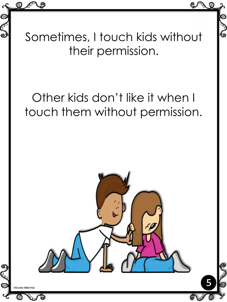 Story page about touching kids without their permission and how other kids dislike it; a boy touches a girl's hair
