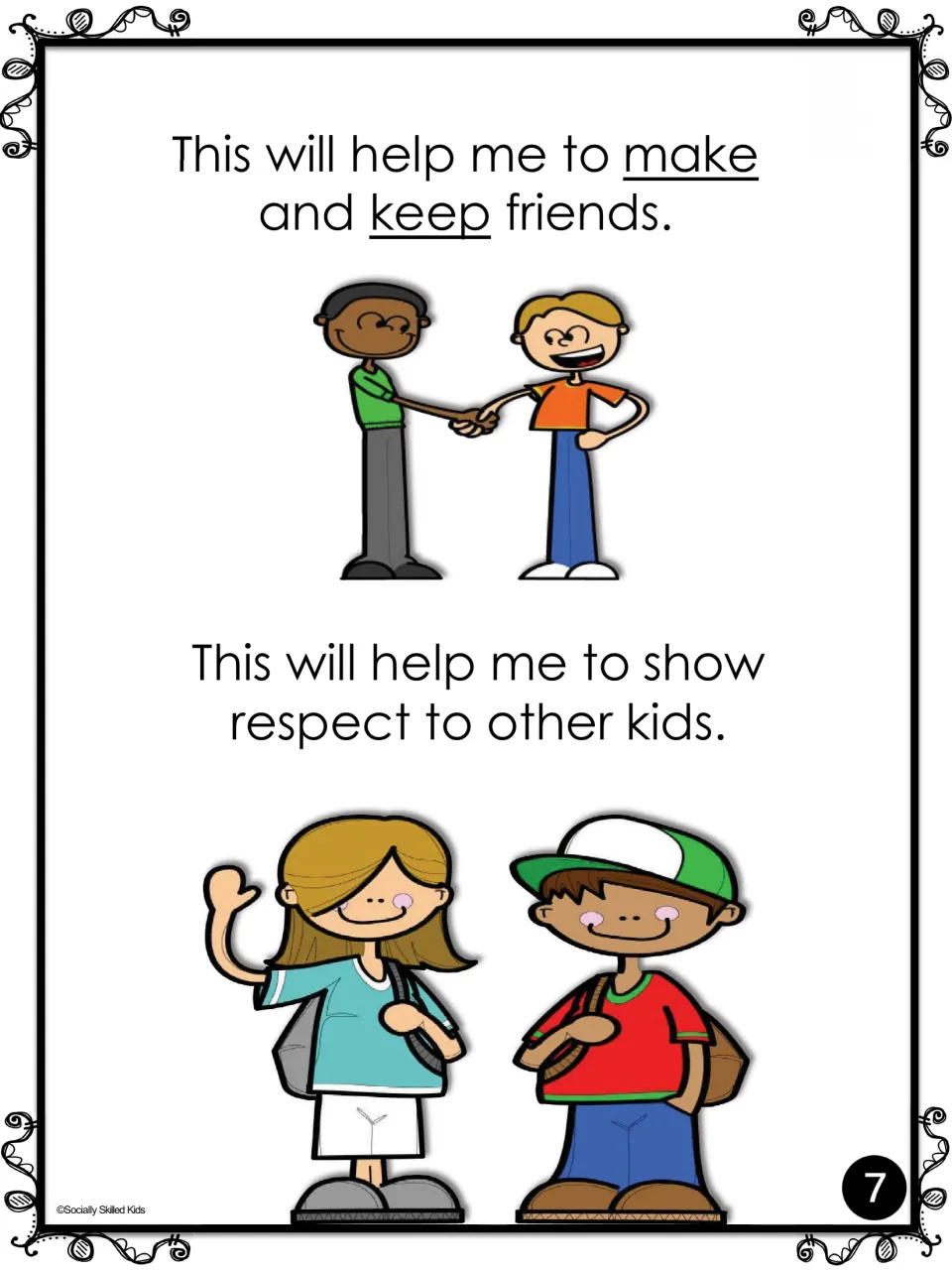 Story page on why the rules matter: they help me make and keep friends and show respect to other kids; boys shake hands