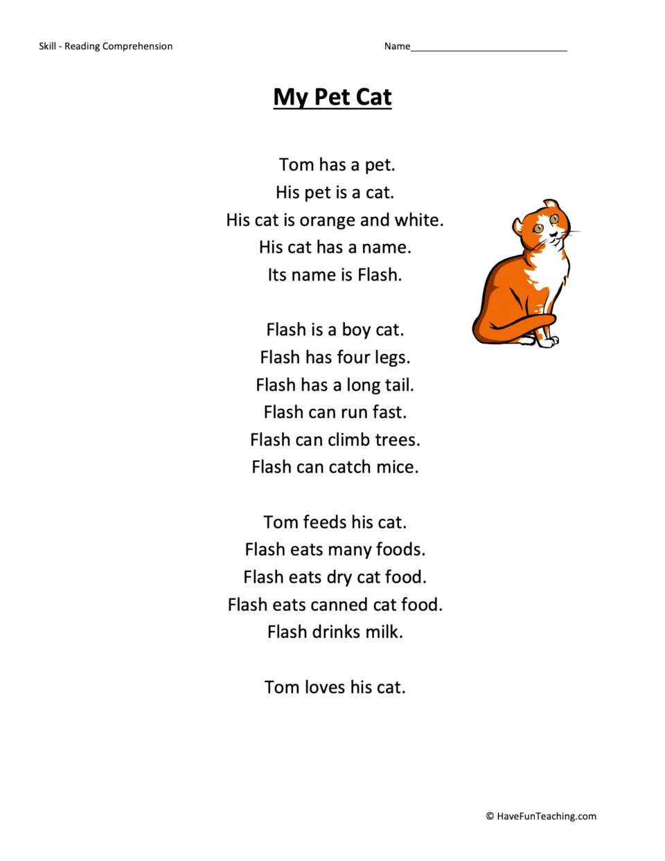 Reading passage about Tom and his cat Flash, including the cat's appearance, abilities, food, and care.