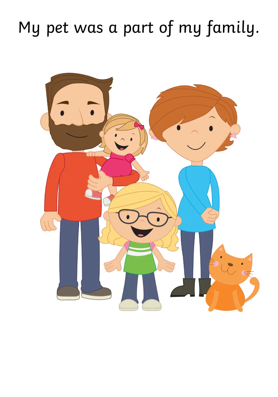 Social story page 3 reads 'My pet was a part of my family' and shows a family standing beside a cat.