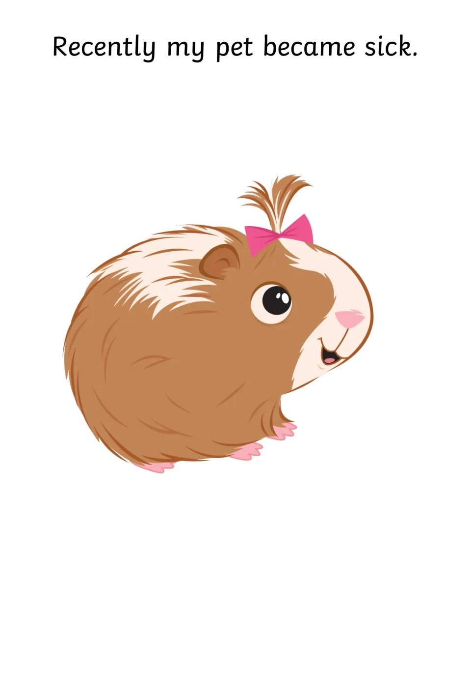 Social story page 4 reads 'Recently my pet became sick' and shows a brown and white guinea pig.