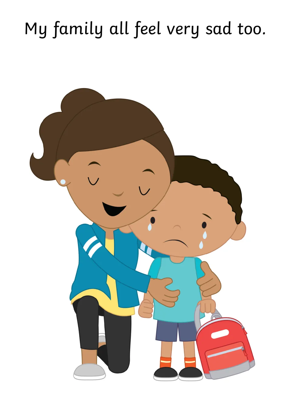 Social story page 9 reads 'My family all feel very sad too' and shows an adult comforting a crying child.