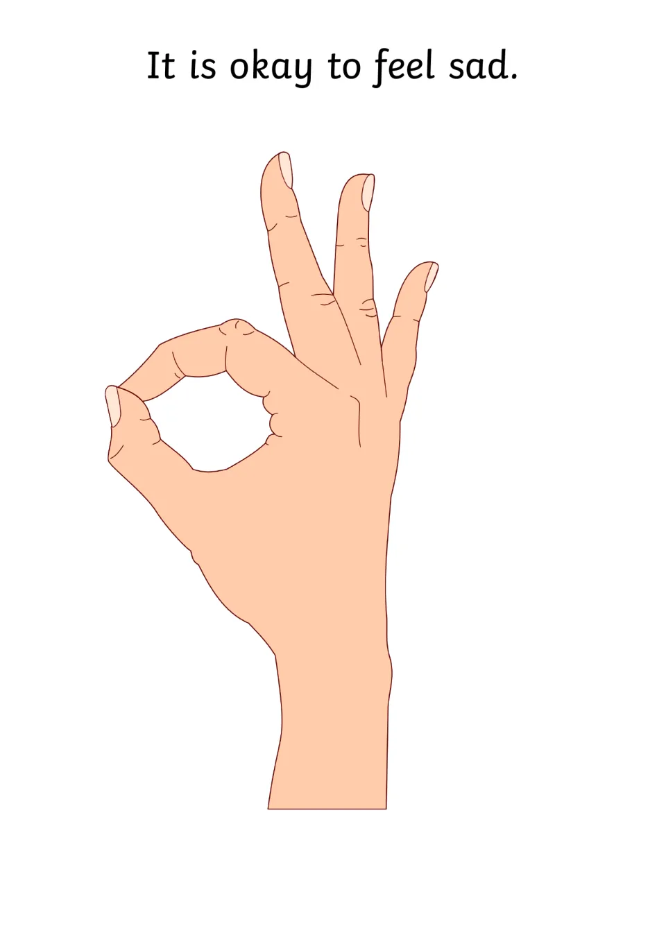 Social story page 10 reassures readers with 'It is okay to feel sad' and illustrates an OK hand gesture.