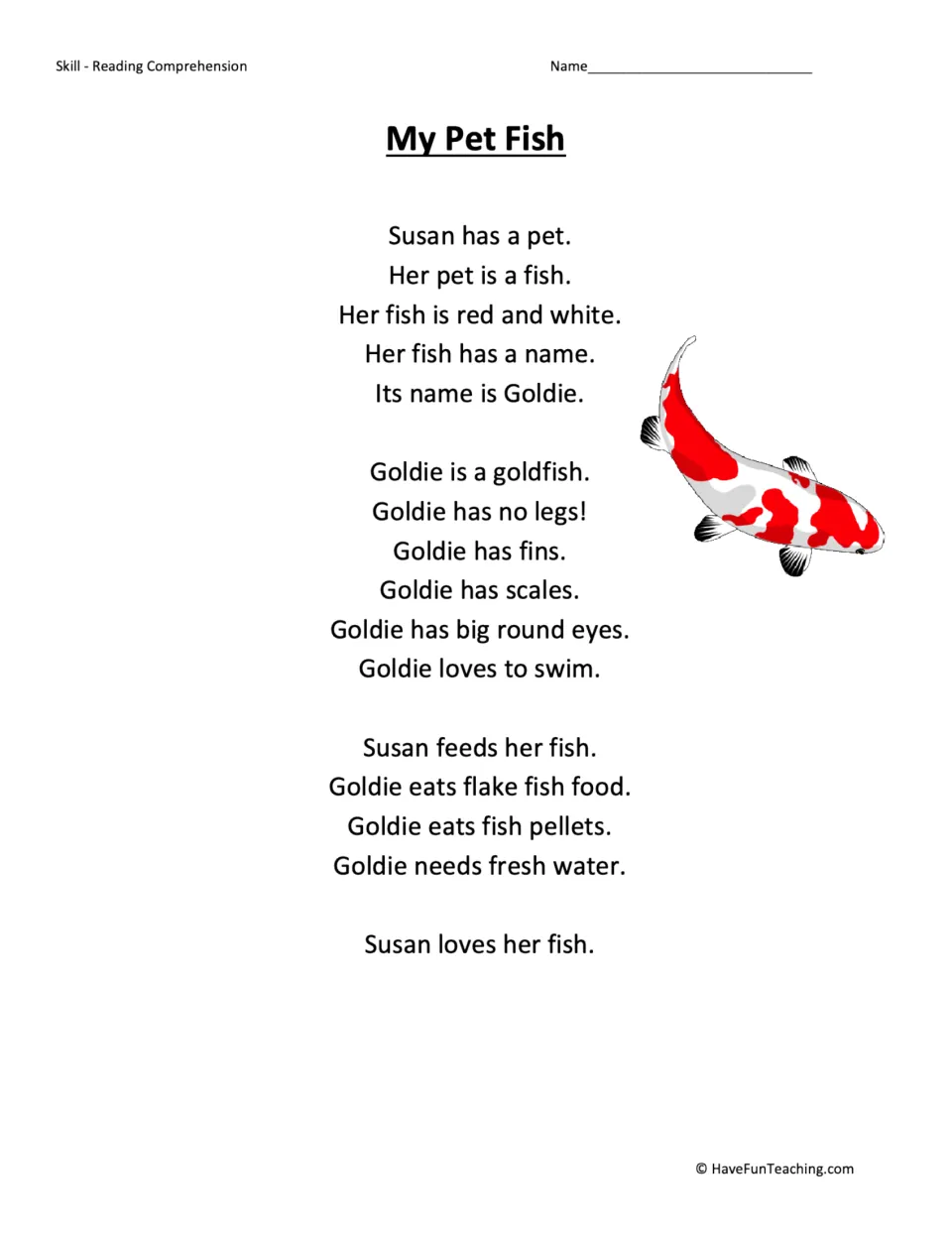 Reading passage about Susan's pet fish Goldie, its fins and scales, swimming, food, and fresh water.