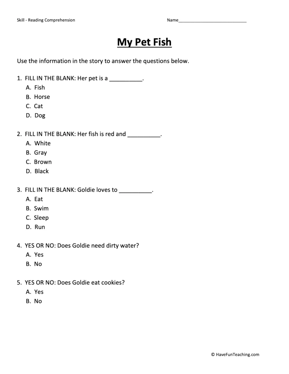 Five comprehension questions about Susan's pet fish, its color, swimming, water needs, and food.