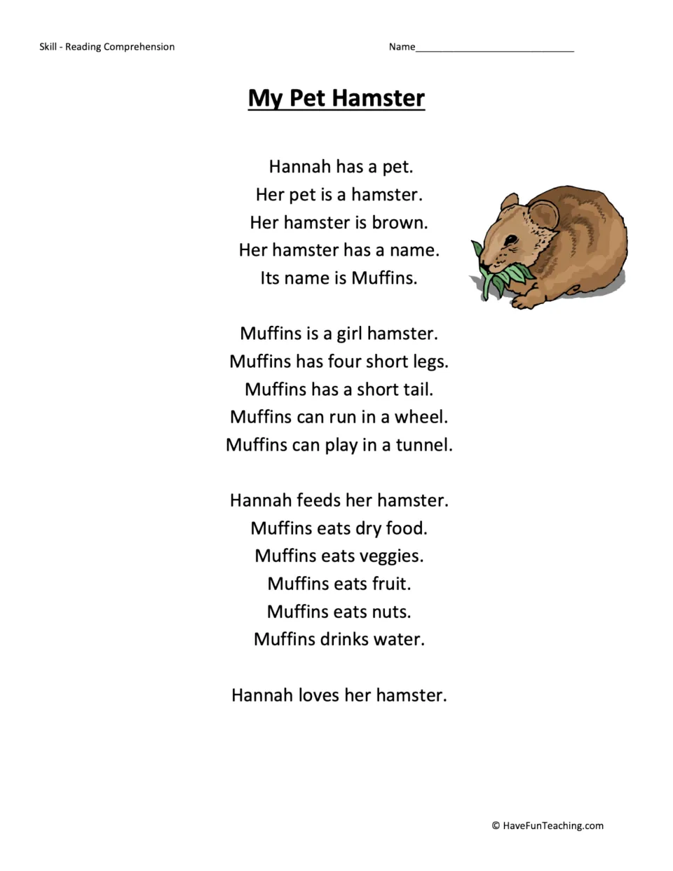 My Pet Hamster reading passage introduces Hannah's hamster Muffins, her short legs, activities, and food.