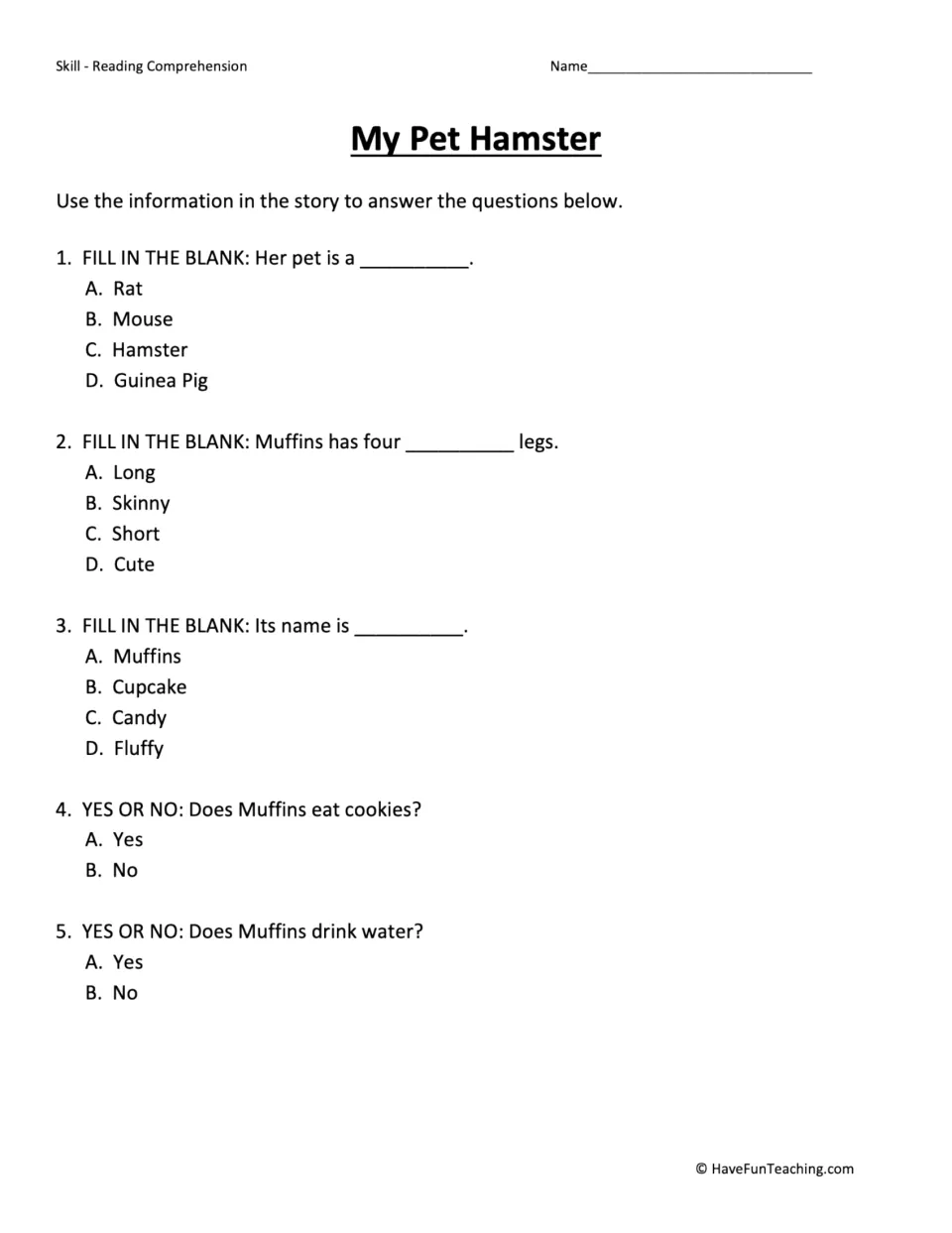 Five comprehension questions ask about the pet's species, leg length, name, eating cookies, and drinking water.
