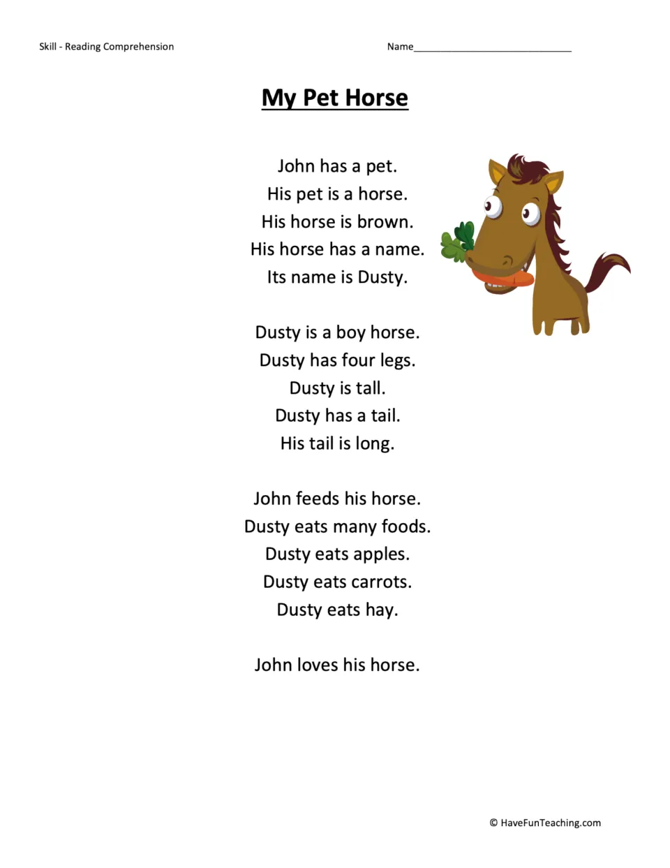 Reading passage about John and his brown horse Dusty, describing the horse's body and the foods he eats.