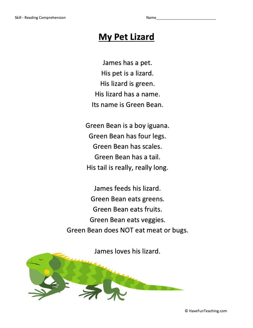 Reading passage about James and his green iguana, Green Bean, describing its body and the foods it eats.