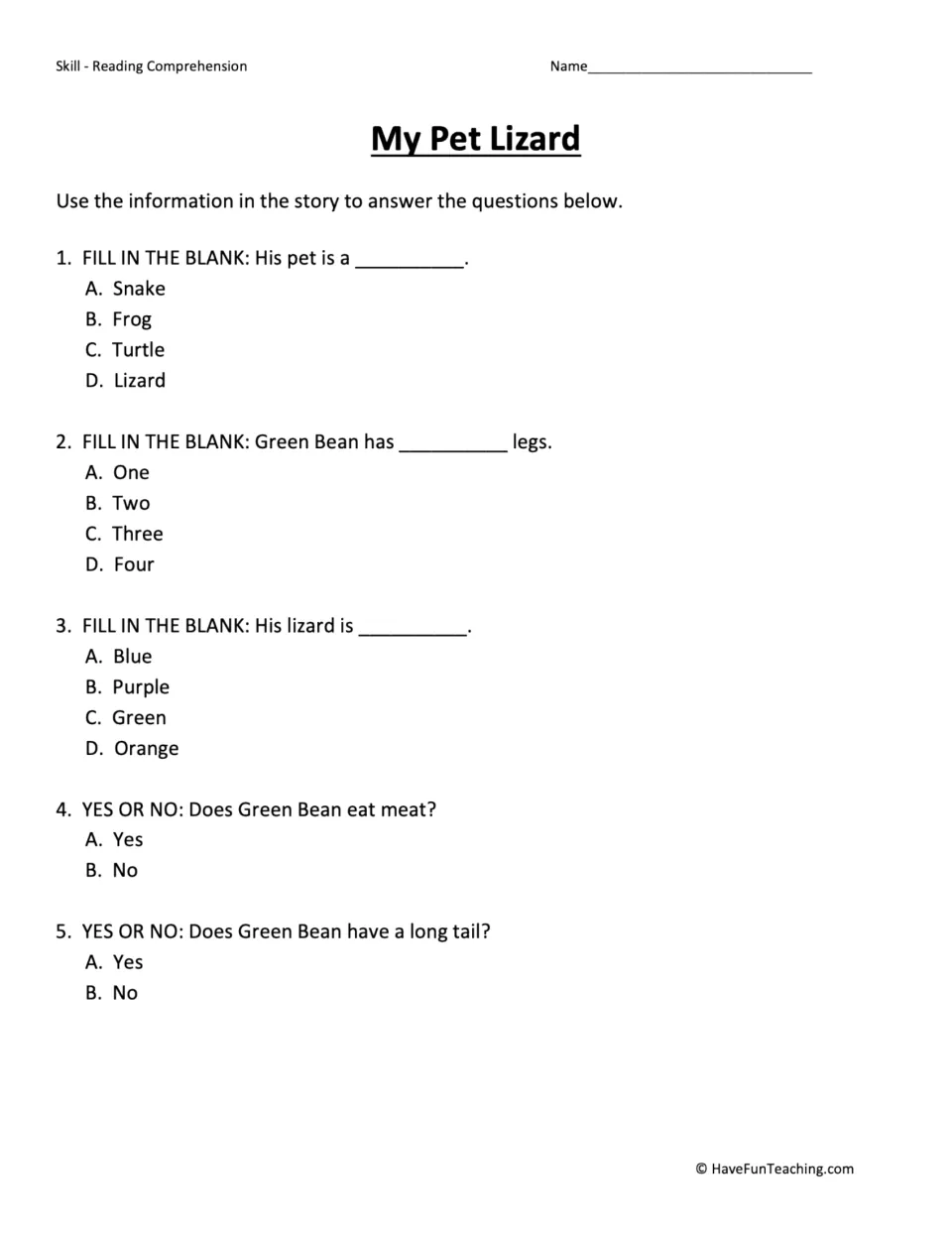 Five reading comprehension questions about James's pet, its number of legs, color, meat consumption, and tail.