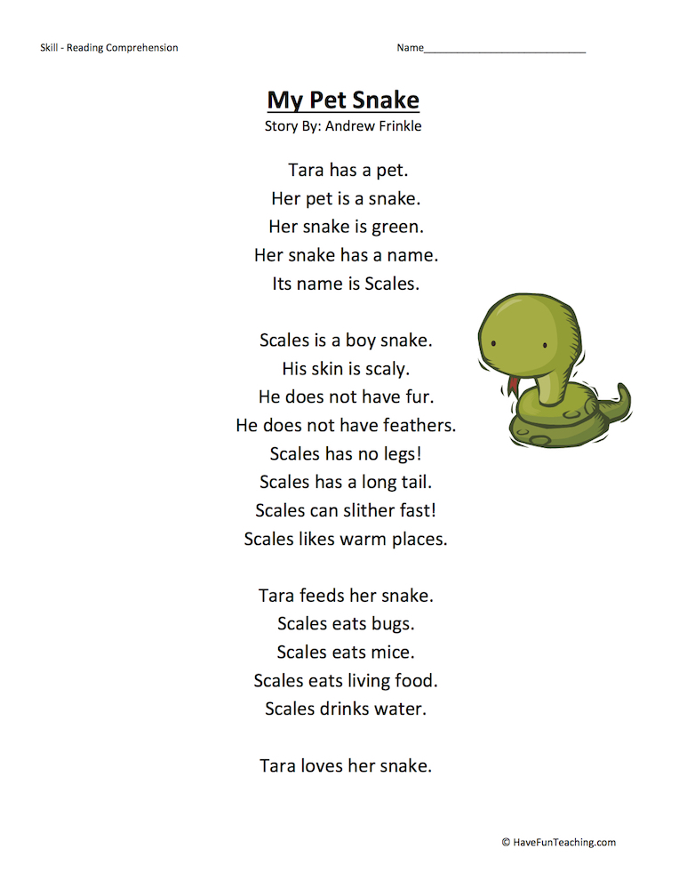 My Pet Snake Reading Comprehension Worksheet teaching resource preview