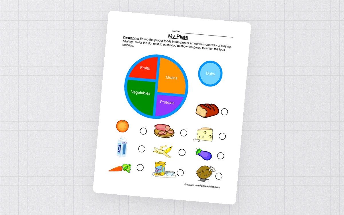 My Plate sorting worksheet with a color food-group diagram and pictures of foods to classify.
