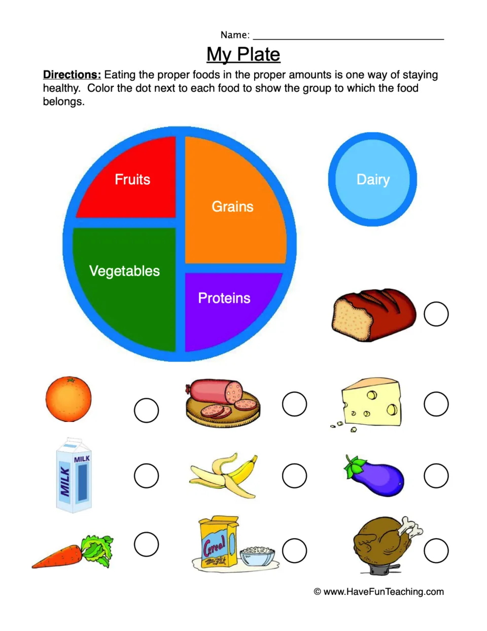My Plate food groups: students color the dot by each of 10 foods, such as bread, milk and carrot, to match its plate group
