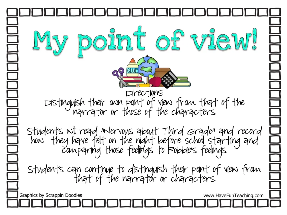 My point of view! title page with directions: read Nervous about Third Grade, then compare own feelings to Robbie's