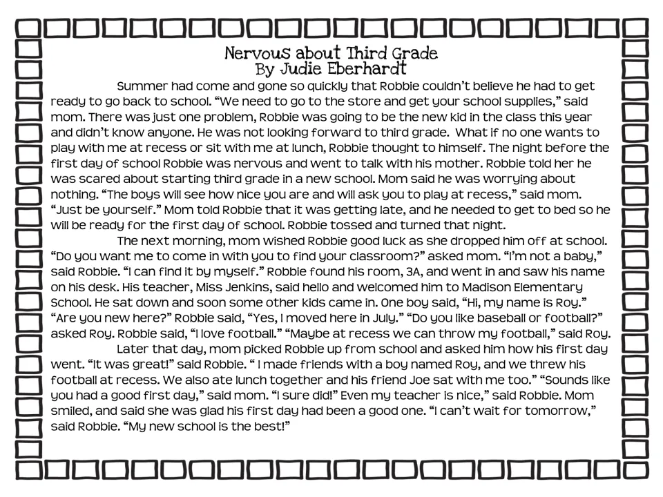 Nervous about Third Grade by Judie Eberhardt: students read about Robbie, a new kid nervous before his first school day