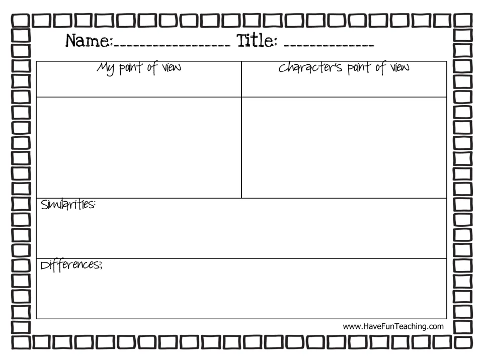 Reader vs. character: students record their point of view and a character's, then note similarities and differences