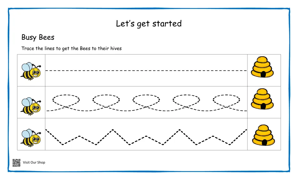 Busy Bees tracing: students trace a straight line, a looping line and a zigzag to guide three bees to their beehives