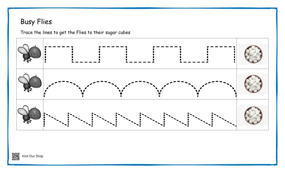 Busy Flies tracing: students follow square waves, arches and slanted sawtooth lines to lead three flies to sugar cubes