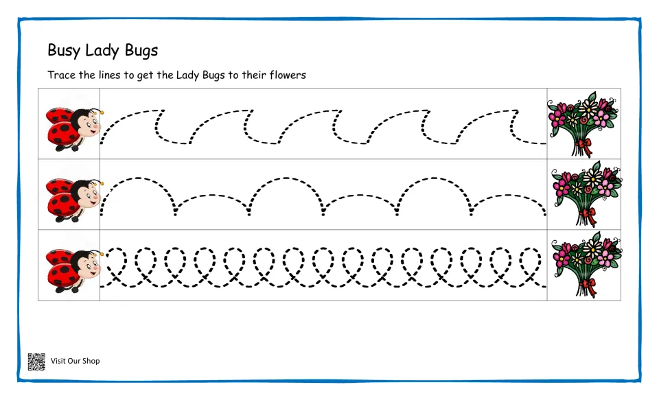 Busy Lady Bugs tracing: students trace wave, scallop and small loop lines to bring three ladybugs to flower bouquets