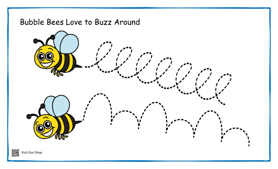 Bubble Bees Love to Buzz Around: students trace a long looping flight path and a bouncing arch path behind two bees