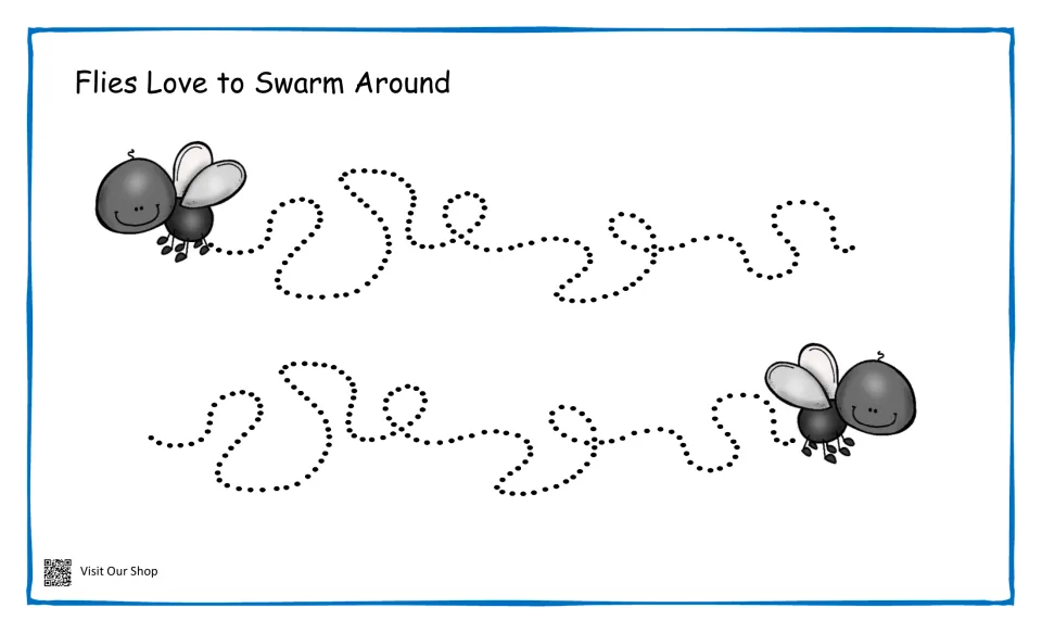 Flies Love to Swarm Around: students trace two long dotted squiggle paths, each trailing behind a cartoon fly