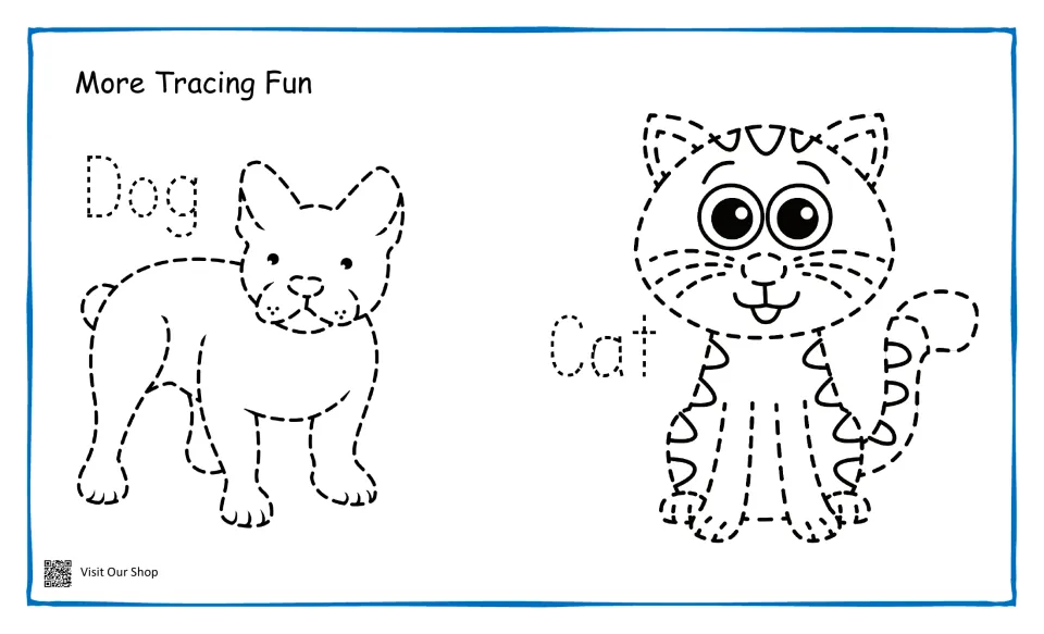 More Tracing Fun: students trace dashed outlines of a dog and a cat and trace the dotted words Dog and Cat