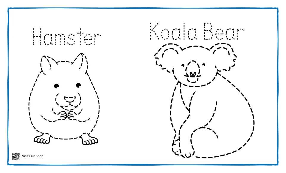 Animal tracing: students trace dashed outlines of a hamster and a koala and the dotted words Hamster and Koala Bear