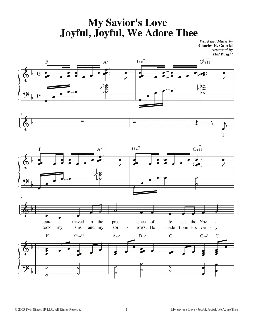 Hymn medley opening, measures 1-7: piano intro in F, then verse lyrics 'I stand amazed in the presence' with chords