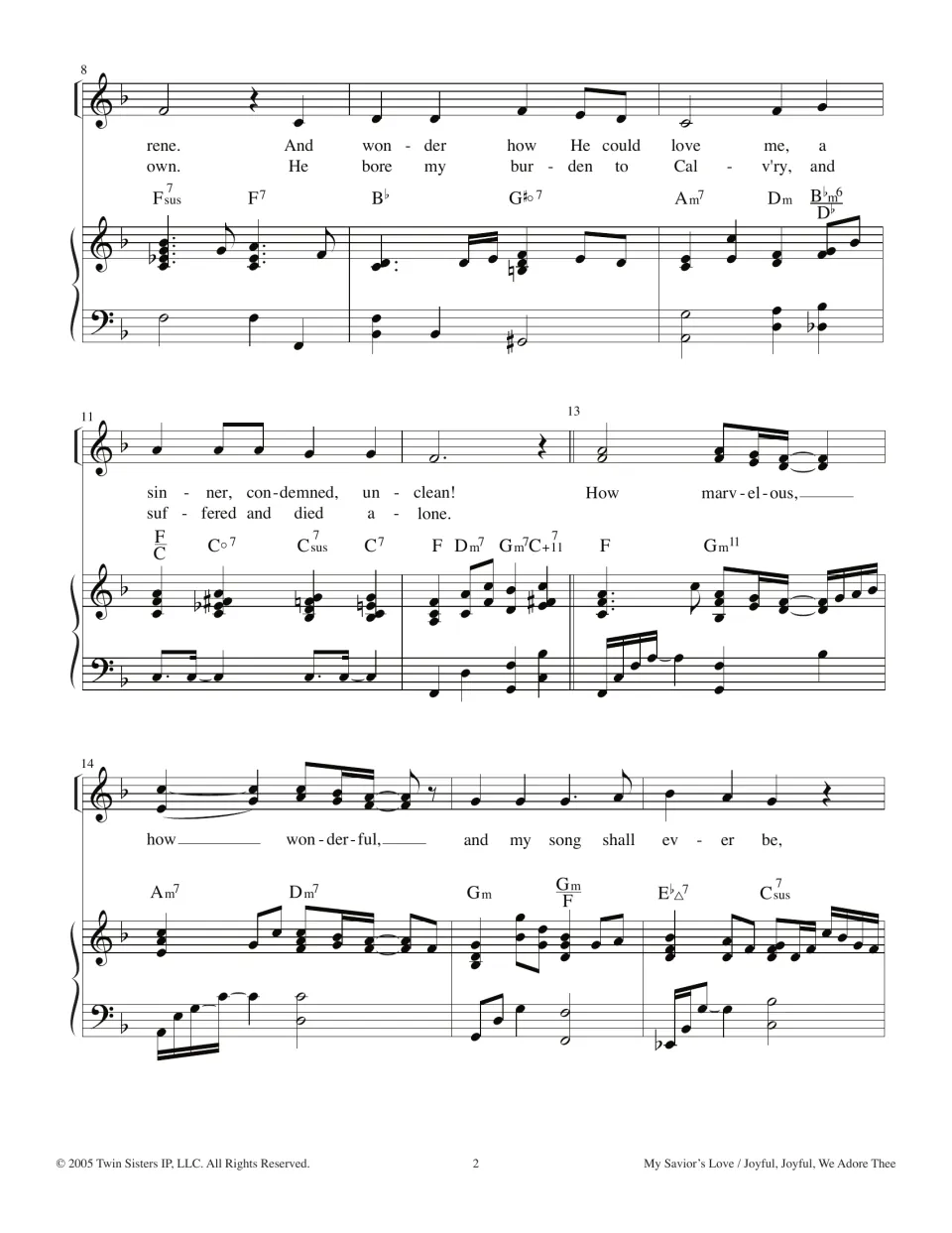 Hymn verse, measures 8-16: melody, piano and chords for 'And wonder how He could love me' leading into 'How marvelous'